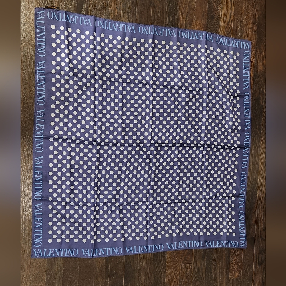 Valentino Navy Blue Polka Dot Logo Print Large Square Silk Scarf Italy